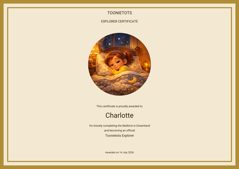 Sample personalised Explorer Certificate from the Bedtime Dreamland Adventure Pack