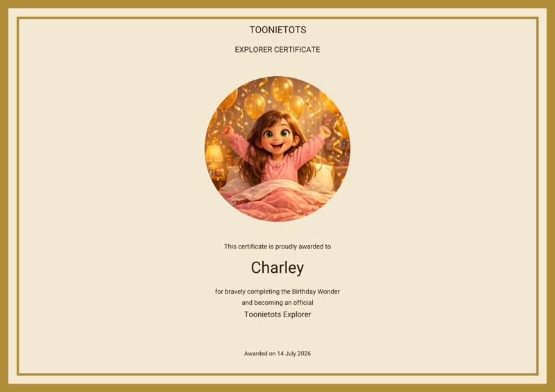 Sample personalised Explorer Certificate from the Birthday Wonder Adventure Pack