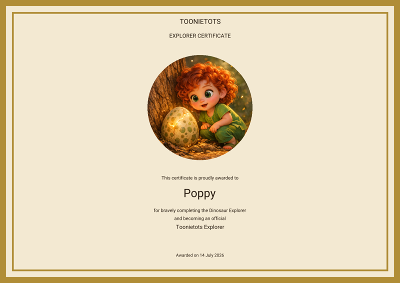 Sample personalised Explorer Certificate from the Dinosaur Explorer Adventure Pack