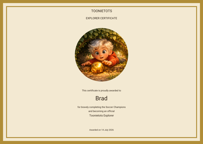 Sample personalised Explorer Certificate from the Soccer Champions Adventure Pack