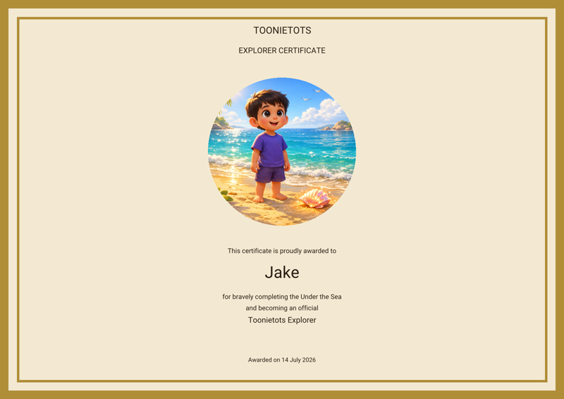 Sample personalised Explorer Certificate from the Under the Sea Adventure Pack
